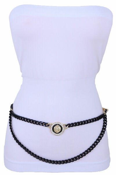 Formal Women Black Metal Chain Belt Gold Bling Shiny Lion Medallion Charm XS S M