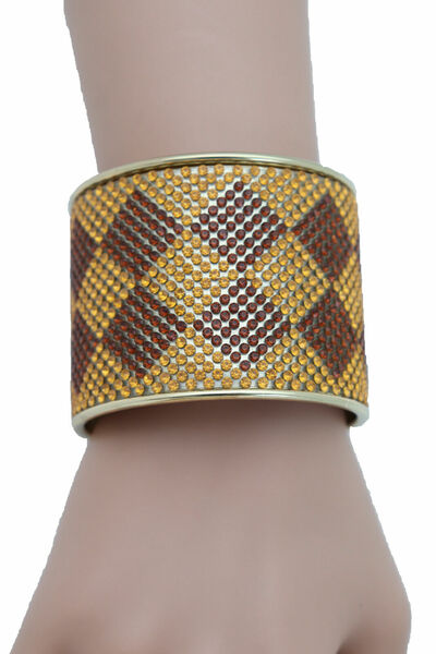 Street Women Cuff Bracelet Fashion Gold Color Metal Brown Square Shape Urban