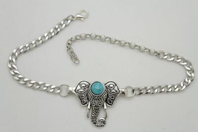 Women Boot Chain Silver Metal Shoe Turquoise Blue Bead Indian Elephant Charm
