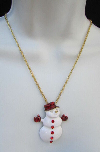 Women Classic Holydays Fashion Necklace Gold Chain White Snowman Christmas