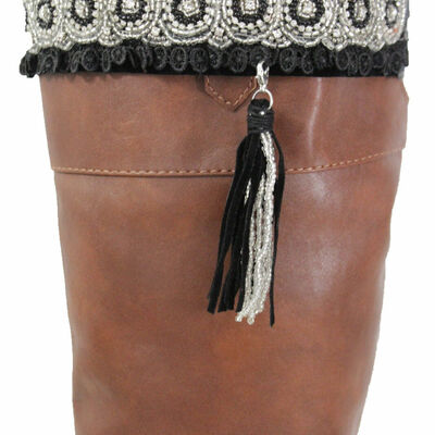 Western women boot toppers black lace fringe long tassle knee high ethnic silver