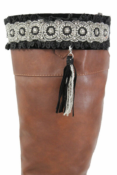 Western Women Boot Toppers Black Lace Fringe Long Tassle Knee High Ethnic Silver