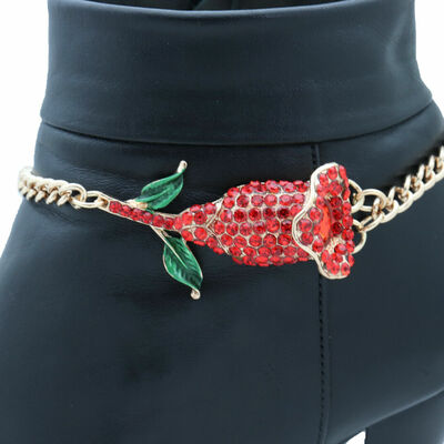Women gold metal chain boot bracelet shoe anklet red flower charm green leaf