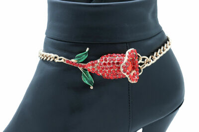 Women Gold Metal Chain Boot Bracelet Shoe Anklet Red Flower Charm Green Leaf