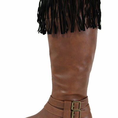 Western women boot toppers long black faux leather fringes knee high silver bead