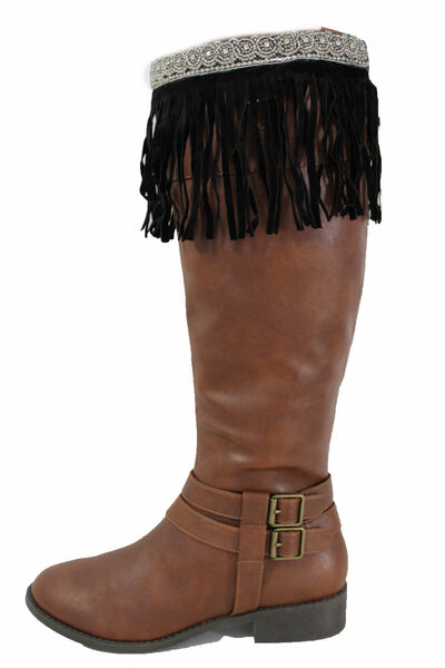 Western Women Boot Toppers Long Black Faux Leather Fringes Knee High Silver Bead