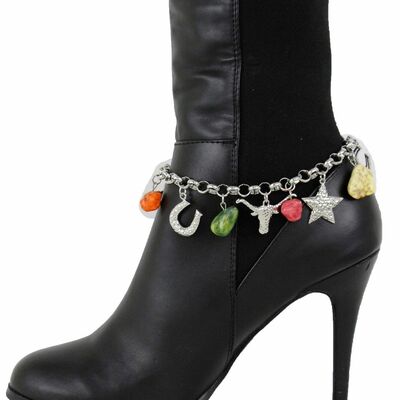 Western women silver anklet boot chain metal bracelet chain rodeo bull star tx