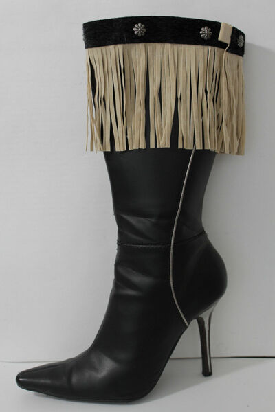 Western Women Winter Boot Toppers Beige Fabric Long Fringe Knee High Flower Sexy