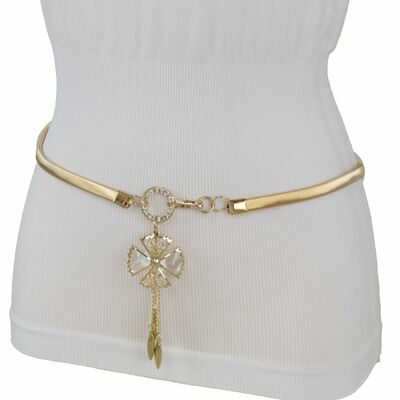 Women gold metal elastic narrow band belt flower buckle hip high waist s m l