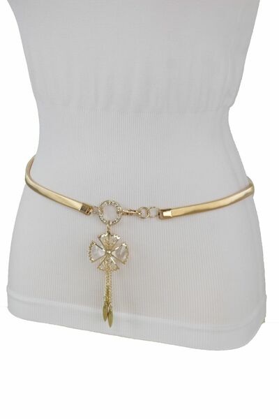 Women Gold Metal Elastic Narrow Band Belt Flower Buckle Hip High Waist S M L