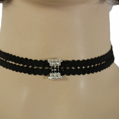 Womem skinny narrow black choker fashion necklace silver charm pendant dressy
