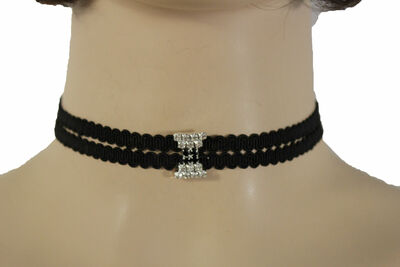 Womem Skinny Narrow Black Choker Fashion Necklace Silver Charm Pendant Dressy