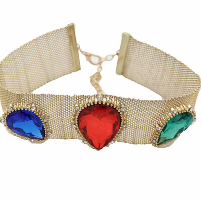 Women gold mesh metal choker wide band necklace red blue green beads