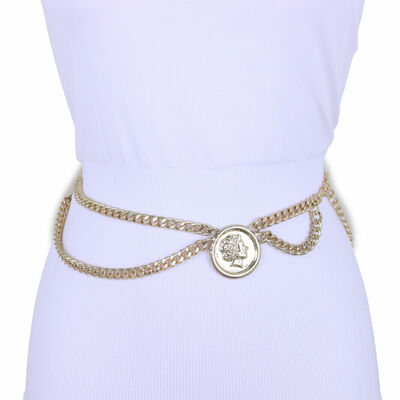 Women adjustable fun belt gold metal chain wave medallion coin charm size m l xl