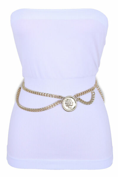 Women Adjustable Fun Belt Gold Metal Chain Wave Medallion Coin Charm Size M L XL