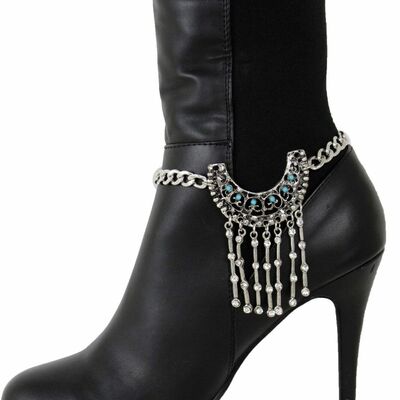 Women antique boot bracelet silver metal chain anklet shoe blue big ethnic charm