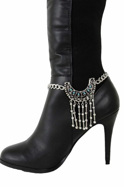 Women Antique Boot Bracelet Silver Metal Chain Anklet Shoe Blue Big Ethnic Charm