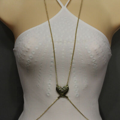 Women antique gold metal body chains long necklace jewelry harness angel wings