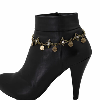 Women antique gold metal chain boot groovy jewelry bracelet shoe happy charms