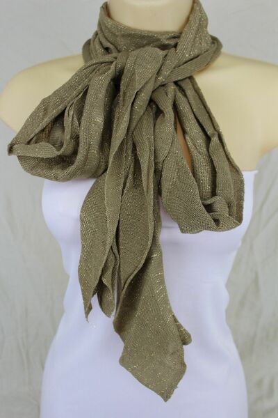 Women Beige Soft Fabric Ruffle Fashion Long Tie Necklace Gold Sparkling Wrap