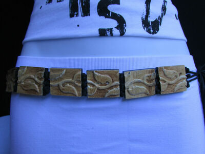 Women Artsy Look Beige Wood Bohemian Fashion Tie Belt Leaf Nature Charms S M