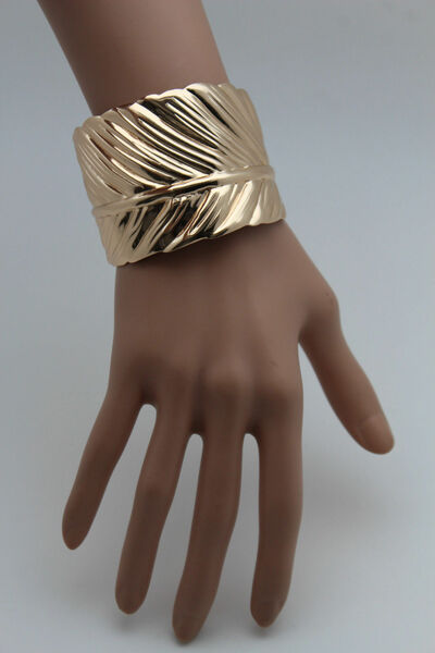 Women Cuff Bracelet Gold Metal Fashion Long Gold Leaf Wrap Around Adjustable