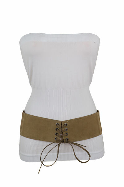 Women Beige Camel Faux Suede Leather Elastic Corset Hip High Waisted Belt S M