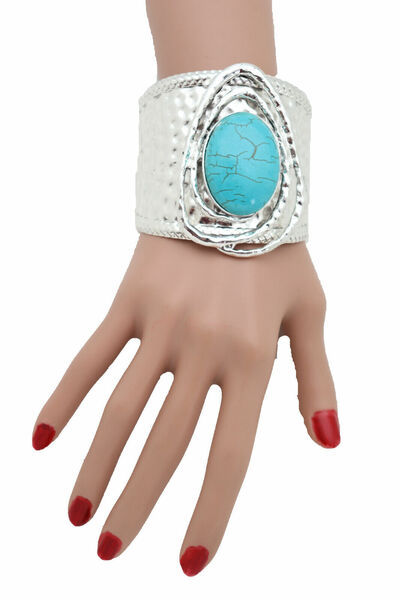 Women Ethnic Western Style Fashion Bracelet Silver Metal Turquoise Blue Bead