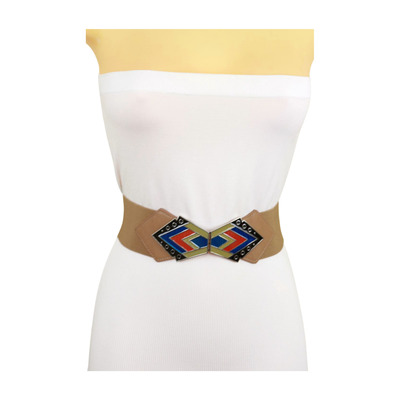 Women beige elastic band wide hip waist feminine belt tribal metal buckle s m