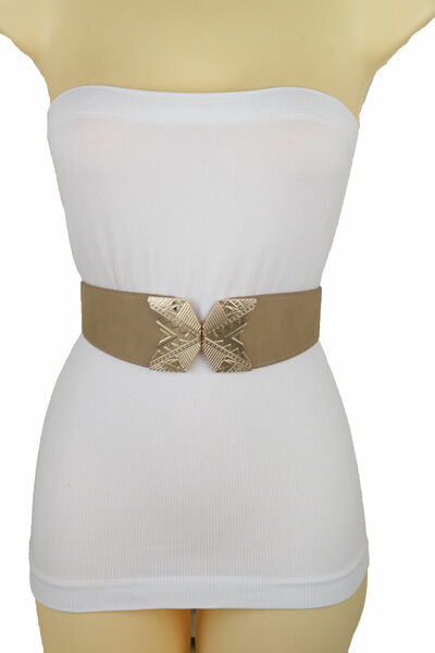 Women Beige Faux Leather Elastic Fun Belt Hip High Waist X Gold Metal Buckle S M