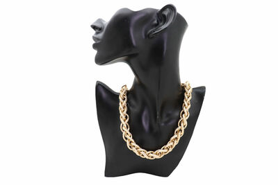 Women Fashion Jewelry Necklace Gold Metal Chain Double Braided Links Twisted