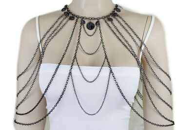 Women Fashion Jewelry Set Black Metal Body Chain Beach Necklace Coin Charms