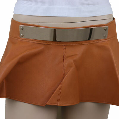 Women beige faux leather wrap around skirt tie belt gold metal plate buckle s m