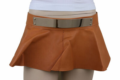 Women Beige Faux Leather Wrap Around Skirt Tie Belt Gold Metal Plate Buckle S M