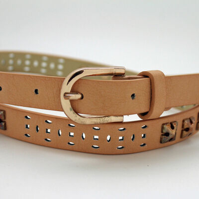 Women beige peach fashion belt narrow faux leather metal studs gold buckle s m