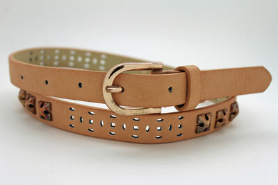Women Beige Peach Fashion Belt Narrow Faux Leather Metal Studs Gold Buckle S M