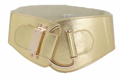 Women Gold Cool Look Fashion Elastic Belt Modern Metal Hook Buckle Size L XL