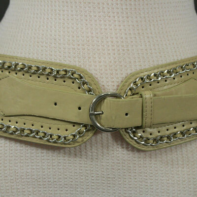 Women beige stretch faux leather fashion belt silver metal chain buckle wide s m