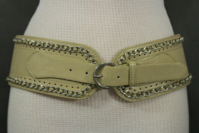 Women Beige Stretch Faux Leather Fashion Belt Silver Metal Chain Buckle Wide S M