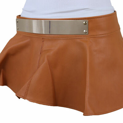 Women beige waistband wrap around skirt tie biker motorcycle belt gold metal s m