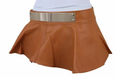 Women Beige Waistband Wrap Around Skirt Tie Biker Motorcycle Belt Gold Metal S M