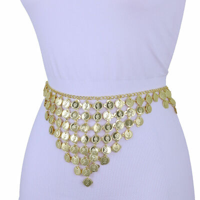 Women belly dancing ethnic bohemian belt gold metal chain coin charms fit s m