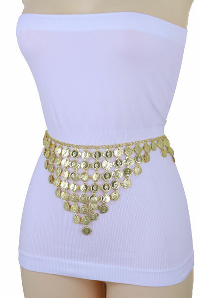 Women Belly Dancing Ethnic Bohemian Belt Gold Metal Chain Coin Charms Fit S M