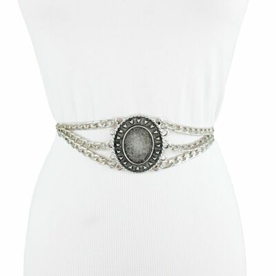 Women belt antique silver oval charm buckle metal chain hip waist fashion xs s m