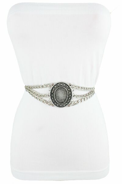 Women Belt Antique Silver Oval Charm Buckle Metal Chain Hip Waist Fashion XS S M