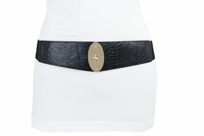 Women Belt Black Faux Snake Print Western Gold Metal Buckle Hip Waist Size S M