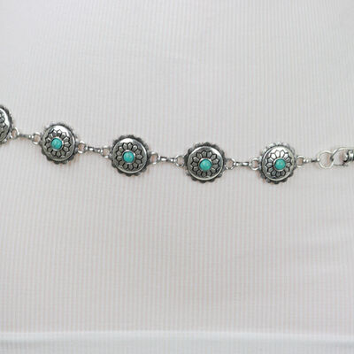 Women belt ethnic look silver metal chains boho turquoise blue flower charms s m