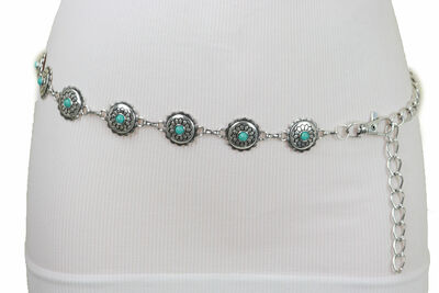 Women Belt Ethnic Look Silver Metal Chains Boho Turquoise Blue Flower Charms S M