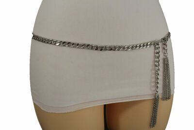 Women Belt Fashion Hip High Waist Metallic Silver Metal Chain Trendy Style M L