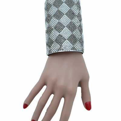 Women long cuff bracelet silver metal geometric square retro bling sparkling